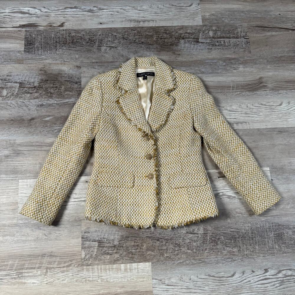 Albert Nipon Gold Yellow Cream Tweed Blazer Jacket Fringe Classic Chic Size 4